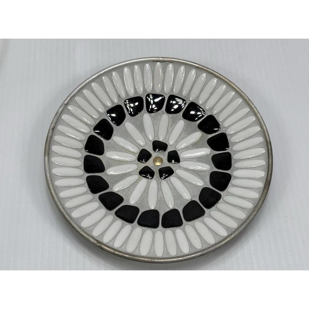 MCM Black White Silver Flower Mosaic Tile Bowl Mid Century Home Decor